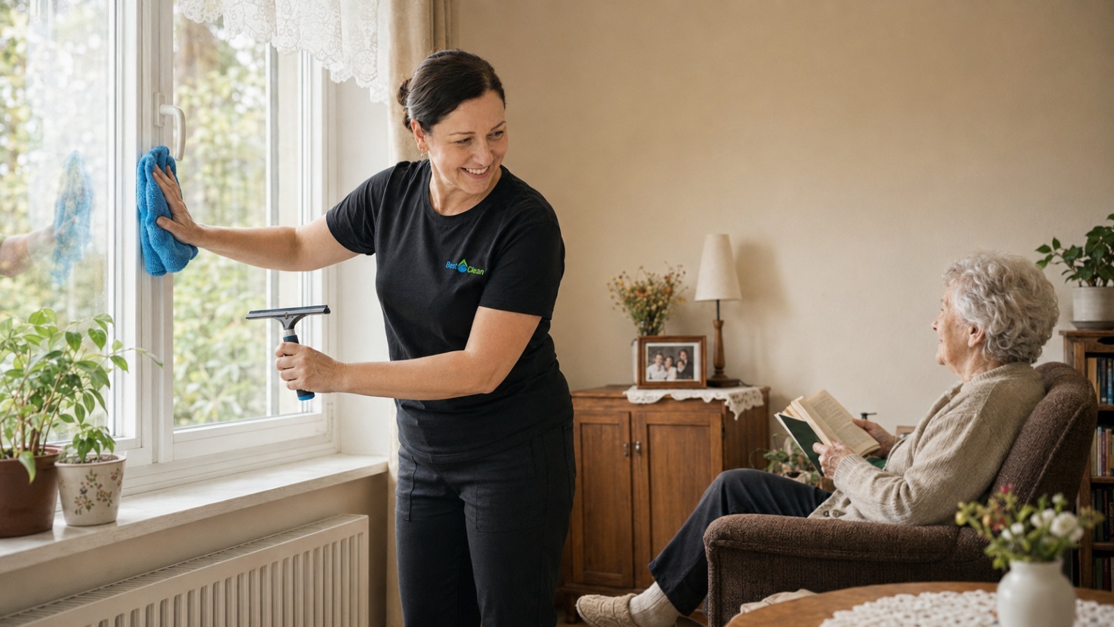 Pracownica Best Clean sprząta okno w domu seniorki